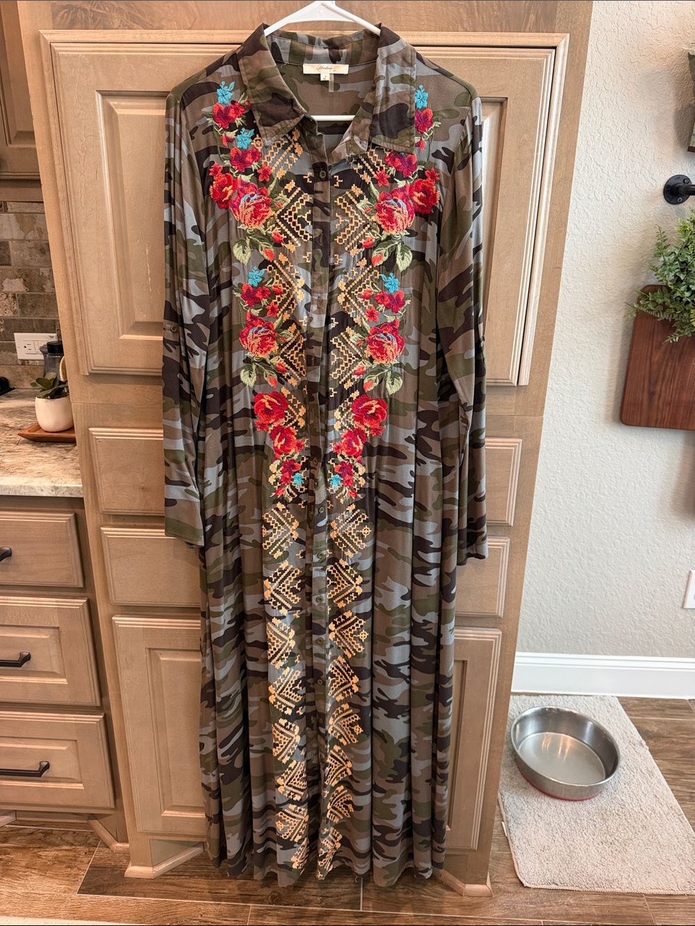 Camouflage Maxi Dress /duster with Floral Embroidery